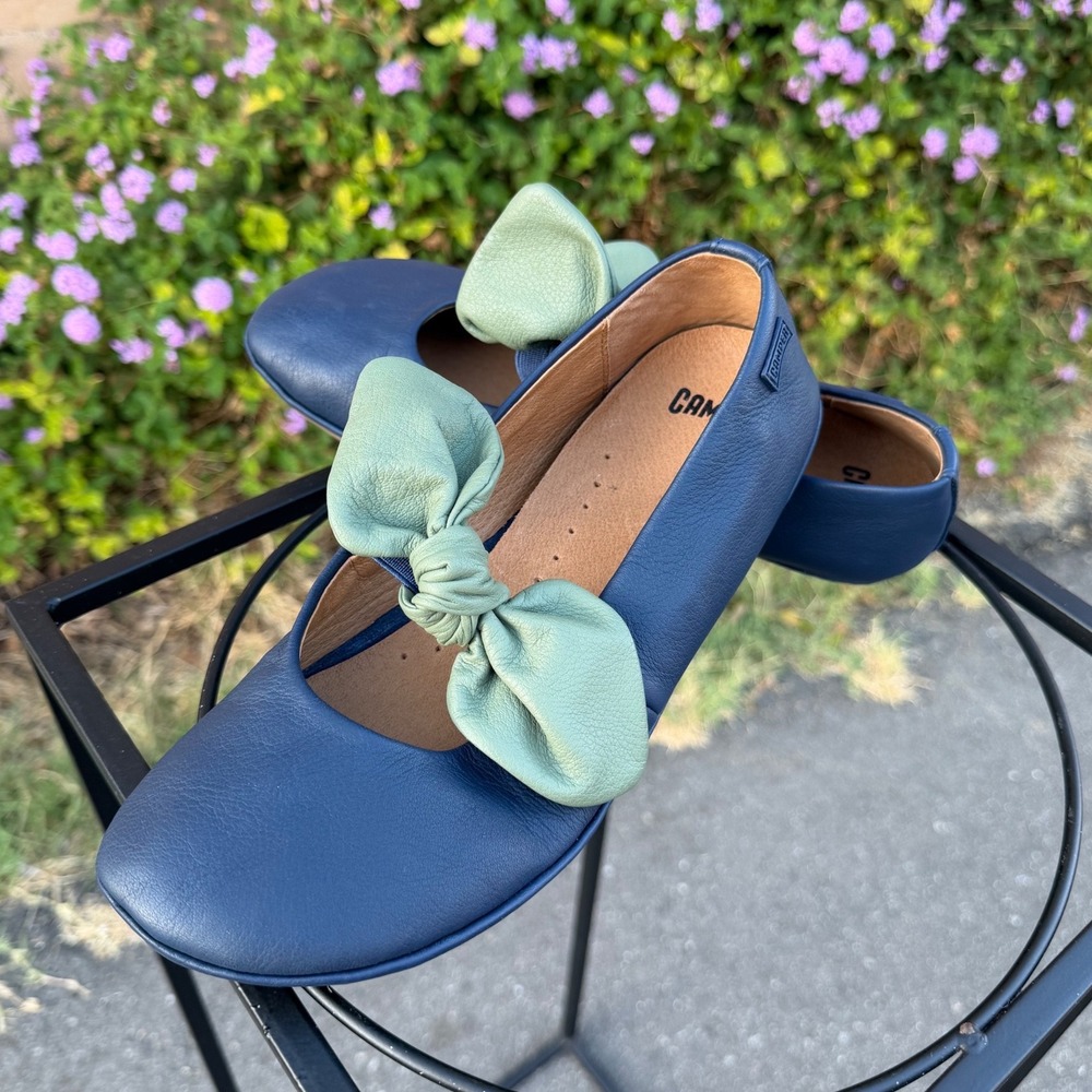 Camper Right Nina Girls Leather Bow Ballet Flats Blue Green EU 36 US 3.5